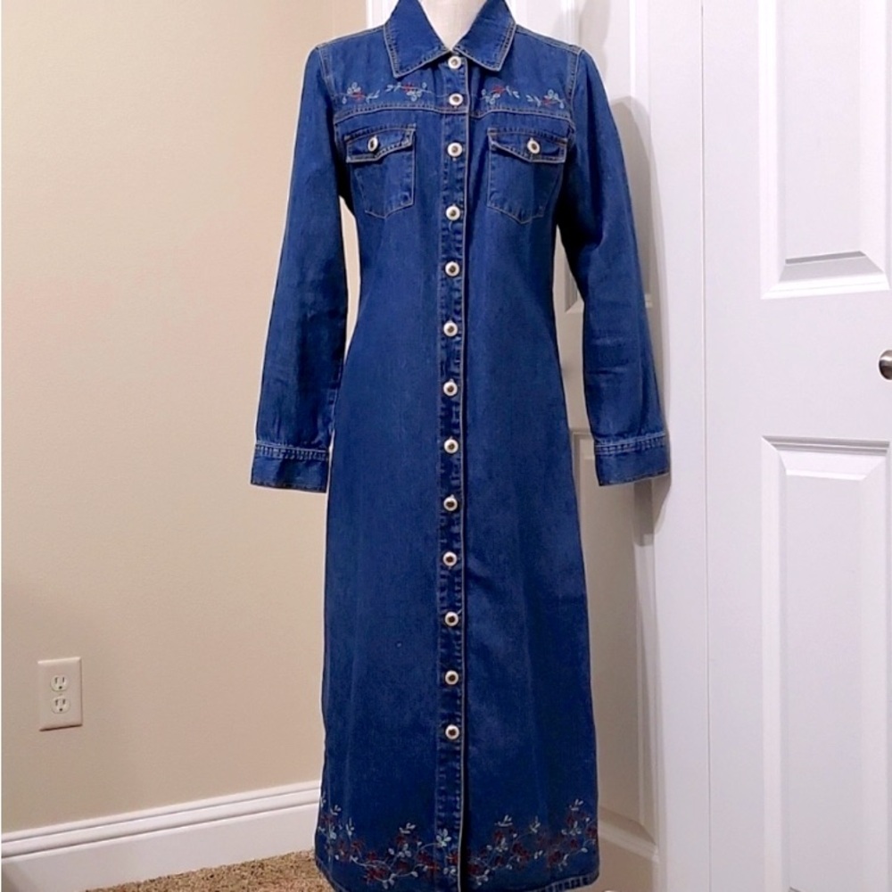 Chelsea Studio Denim ShirtDress or Long Coat With Floral Embroidery